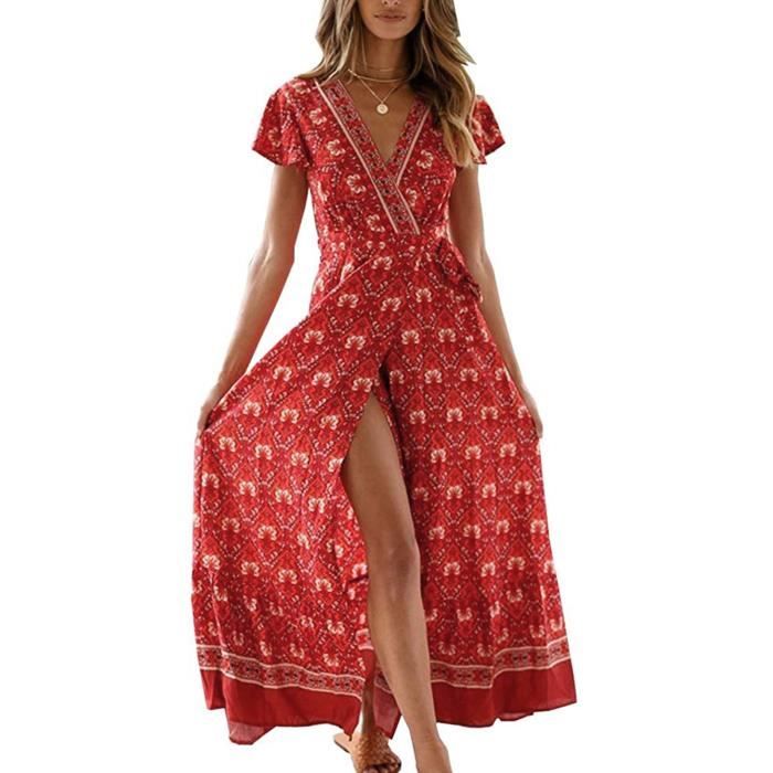 robe d'été à col en v pour femme de vacances imprimé floral bohème plage rouge