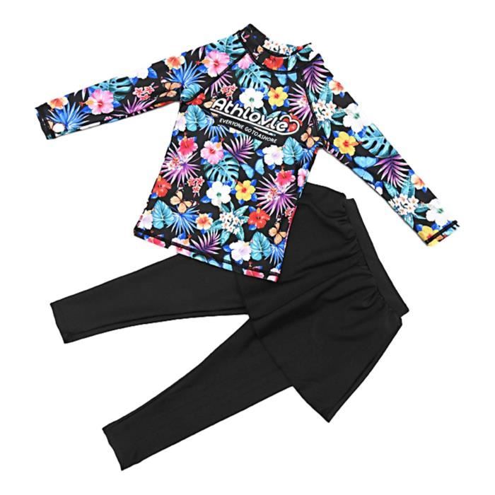 Maillot De Bain Fille 3 Pièces IEFIEL - Tankini Imprimé Rayure Florale + Culotte + Short - 4 à 16 Ans