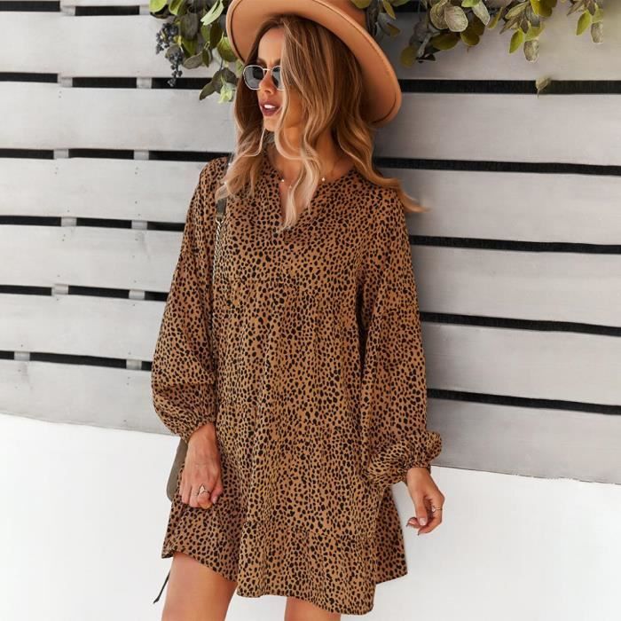 Robe en coton doux marron col V imprimé florale