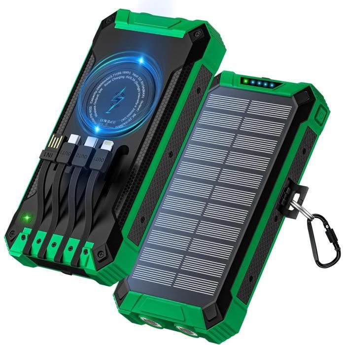 Power Bank Solare 26800mAh Con 3 Cavi Integrati, Ricarica Rapida 15W PD QC3.0, Torcia LED E Moschettone, Impermeabile Per Campeggio