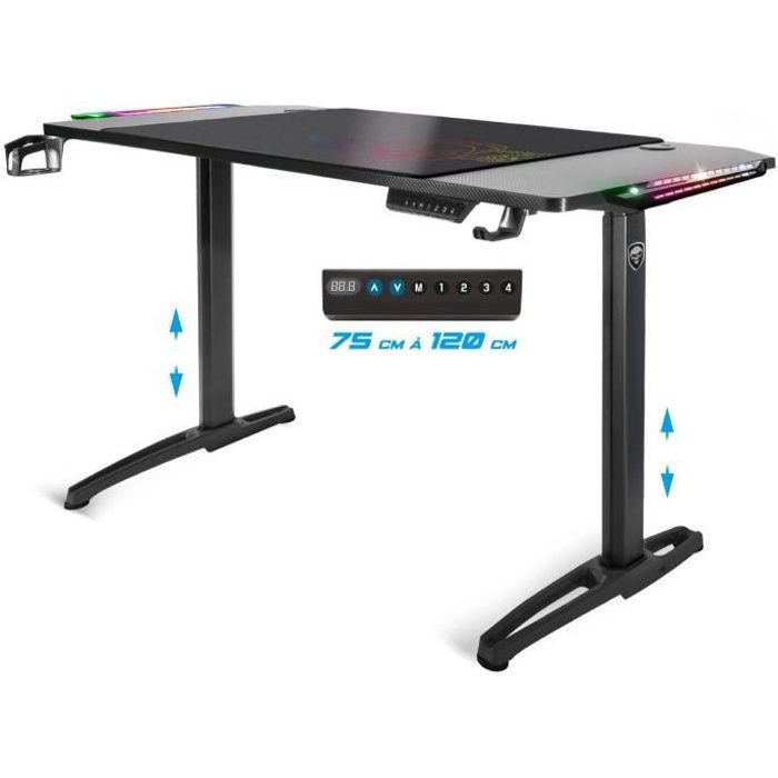 Spirit Of Gamer, Bureau Gaming Assis Debout Electrique 140 cm RGB, Porte Gobelet, Crochet pour Casque et Tapis de Souris XXL Inclus