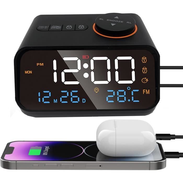 Réveil LED Avec Station De Charge Qi Induction - Façade Bois Jaune, Compatible Tous Smartphones