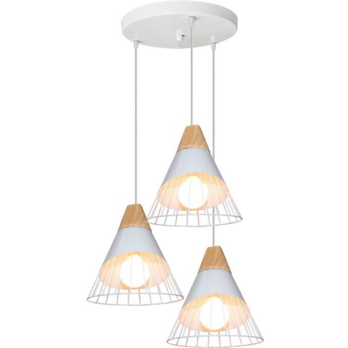 UNI Suspension Luminaire 3 lumières en Disque Blanc Plafonnier Lustre en Bois Fer Eclairage Décoration pour Couloir Restaurant Bar