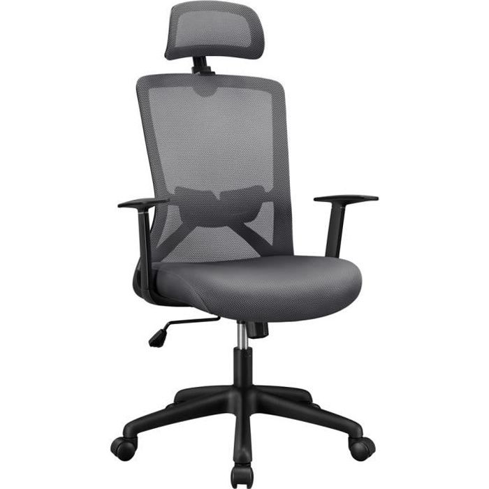 yaheetech chaise bureau fauteuil ergonomique en maille dossier haut avec appui-tête réglable chaise d'ordinateur pivotant gris foncé