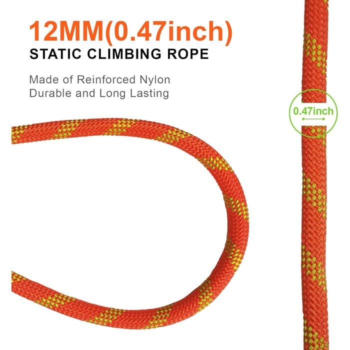 Corde Statique 30 M – 12 Mm, Réfléchissante, UIAA, Charge 30 KN, Orange