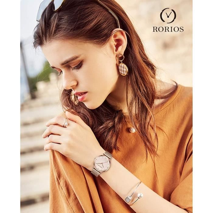 Montre Femme RORIOS Quartz Élégante – Bracelet Cuir Ou Maille – Étanchéité 30 M – Style Chic Intemporel