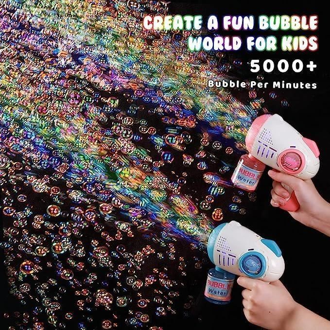 Lot de 2 pistolet à bulles coloré avec 2 bouteilles de solution à bulles de 147 ml pour enfants, jeux en plein air, fête à thème d'été anniversaire