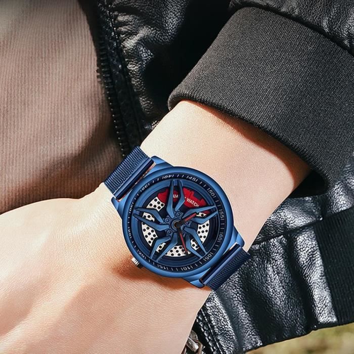 Montre Homme Sport ROUE Racing - Boîtier Et Bracelet Acier Noir, Quartz, Style Jante De Voiture