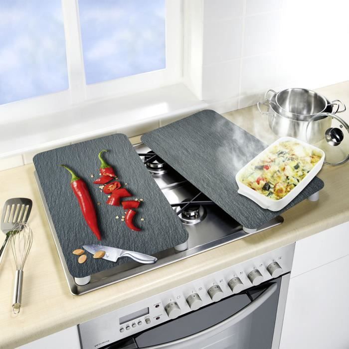 Plaque De Cuisson Et Découpe En Verre ESG - Motif Basilic - 56x50x0,8 Cm - 6 Pieds Antidérapants - 8