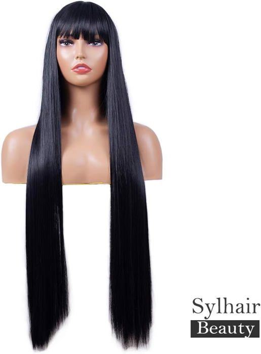 Perruque Synthétique Longue Noire Lisse Avec Frange Droite – Bonnet Moyen +4, Pour Femme