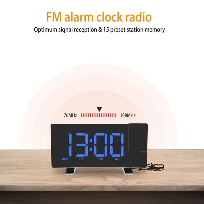 Réveil Projecteur Plafond 180° - Horloge Numérique LED Grand Écran - Projection Heure Température Date - USB, Luminosité Réglable, Mémoire - Pour Chambre, Bureau