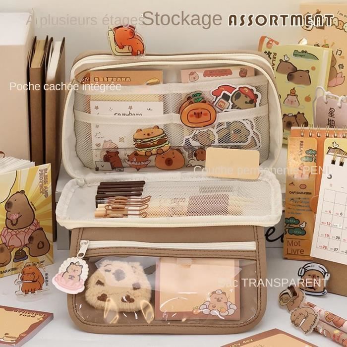 Trousse Ecole Trousse Kawaii Capybara FYSL - Avec 4 Stylos, 60 Autocollants & Porte-clés - Grande Capacité - Cadeau Enfant Ado Fourniture Scolaire