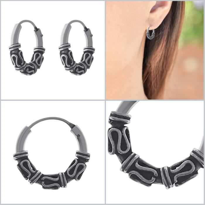 Boucles D'oreilles Créoles Tribales En Argent 925 - Diamètre 1,6 Cm - Mixte