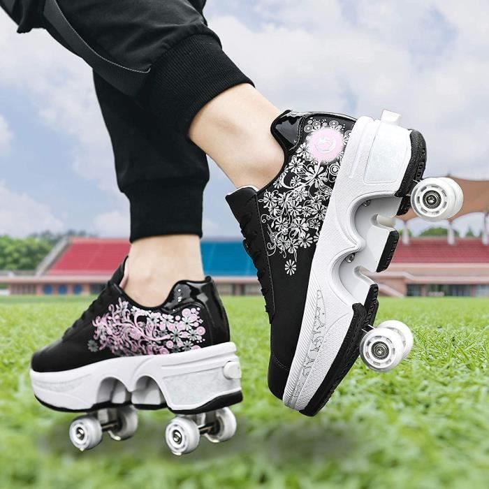 GRFIT Patin À Roulette Fille Reglables,Chaussures À roulettes Femme,Roller  Quad Déformable Adulte,2 en 1chaussures De Skateboard Garçon,Unisexe Sports