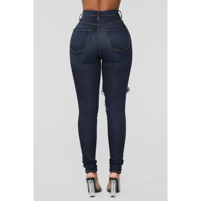 Femmes Slim Lave Trou Dechire Degrade Long Jeans Denim Sexy
