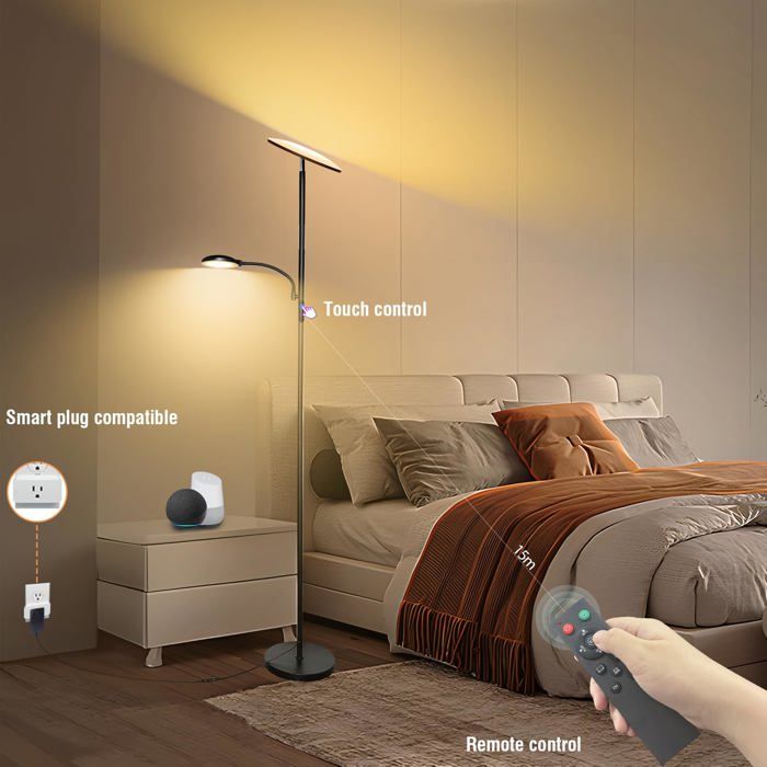 Lampadaire LED Sur Pied Salon 42W 4200LM Avec Télécommande Et Contrôle Tactile - Noir Élégant