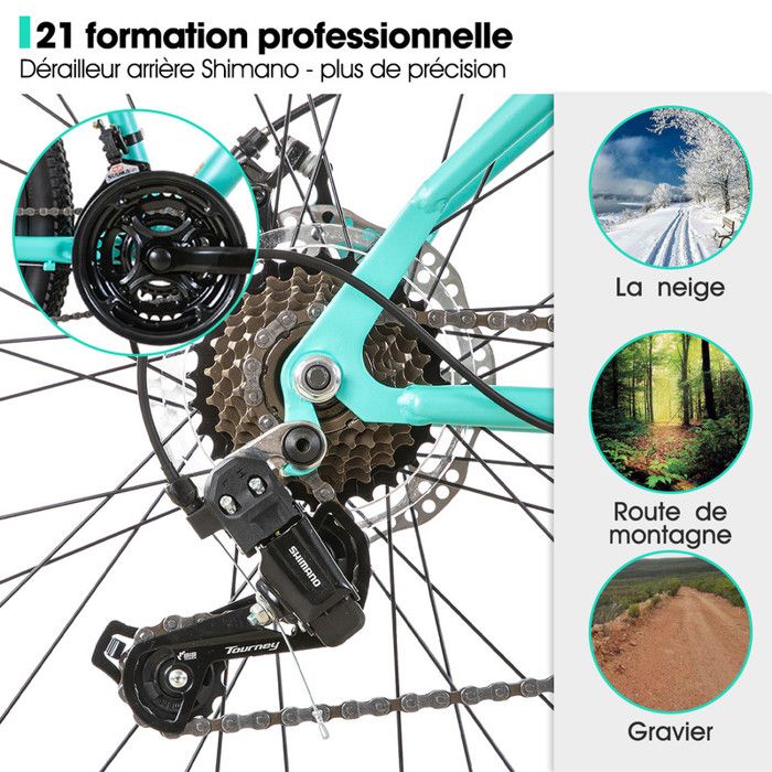 HILAND VTT Femme 26 pouces 21 vitesses avec Suspension Fourche Acier Cadre Freins a Disques et Garde boue Vert