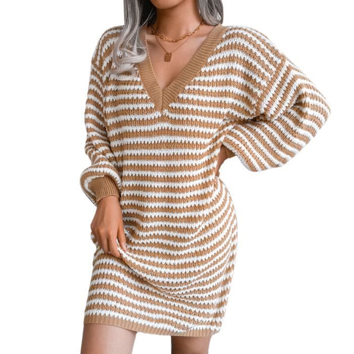 Dioche Robe pull pour femmes Robe Pull Tricotee a Rayures pour Femmes Robe a Manches Longues Chauve souris Col en V vetements robe Khaki Cdiscount Pret a Porter
