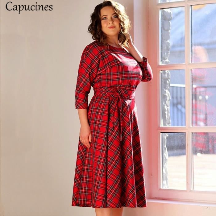 Robe Robe trap ze mi longue carreaux col rond manches 3 4