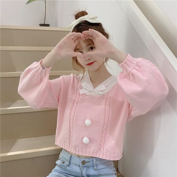 PULL Couleur bonbon Preppy Style femmes pull pull col en V blanc rose bleu jaune court doux pull mignon Kawaii Bow Type White Blanc Cdiscount Pret a Porter
