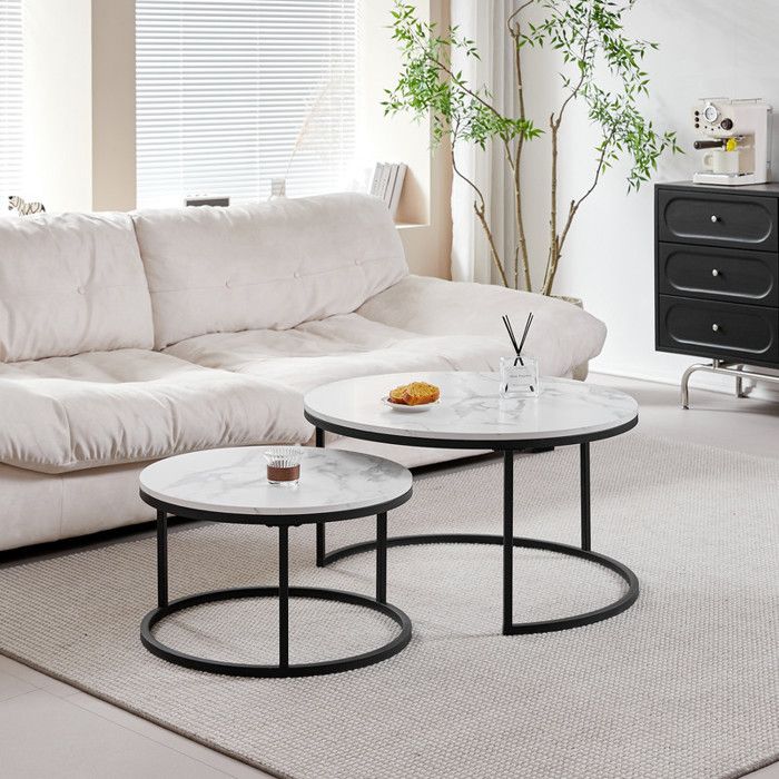 THINFAR Lot De 2 Tables Basses Ovales Avec Pieds En Bois Massif, Table Basse De Style Scandinave (blanc + Blanc (98 X 61 X 39 Cm Et 88 X 48 X 33 Cm