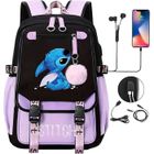 GUANGNA Sac à Dos Stitch, Sac à dos pour Enfants, Sac à dos d'école Sac à Dos Scolaire, aux Enfants Adolescents avec 2 USB ,Violet