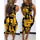 Robe femme Mode Sans Manches Imprimé Robe De Soirée Moulante - Jaune KJEHOME qubinlin