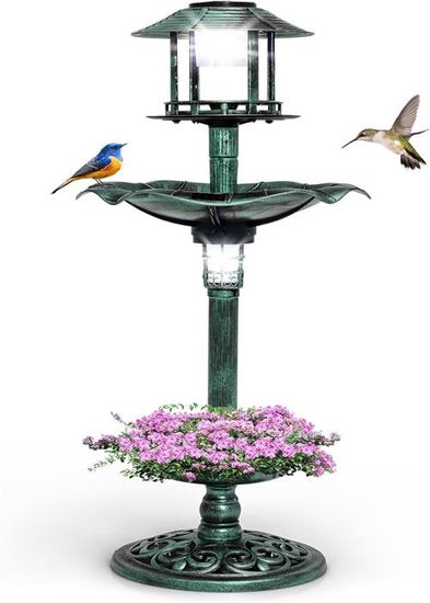 GYMAX Bain D'Oiseaux Solaire Sur Pied Avec Mangeoire Et 2 Lampes LED - Jardinière Intégrée Pour Jardin (Couleur Cuivre)