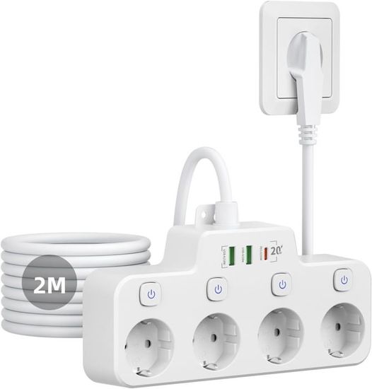 Multiprise Sixiol Avec USB C 20W, 4 Prises + 3 Ports USB, Interrupteurs Individuels, Blanc