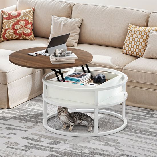 Table Basse Ronde 80 Cm Avec Plateau Relevable Et Rangement – Neuve Sous Emballage