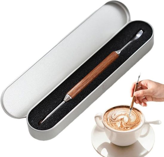 Stylo Latte Art En Acier Inoxydable – Outil Double Embout Avec Pochoirs Et Manche Bois Pour Cappuccino Parfait