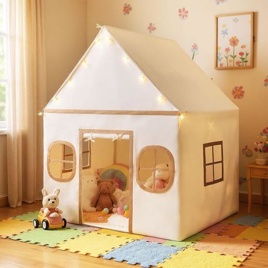 Tente De Jeu COSTWAY Princesse Avec Lumières Et Drapeaux – Cabane Intérieure 123x107x137 Cm, Pour 3 Enfants De 3 à 14 Ans