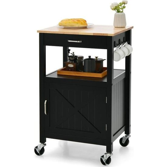 Desserte Roulante COSTWAY - Plateau Inox, 3 Tiroirs, Armoire - Îlot Cuisine Mobile Noir