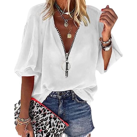 Chemise Chemisier Tunique à Manches Longues Et Col En V Pour Femmes Gris Chemisier Gris