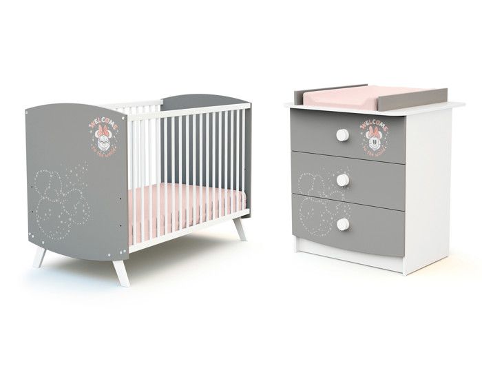 AT4 - Duo Lit Bébé et Commode DISNEY Letters Minnie Gris