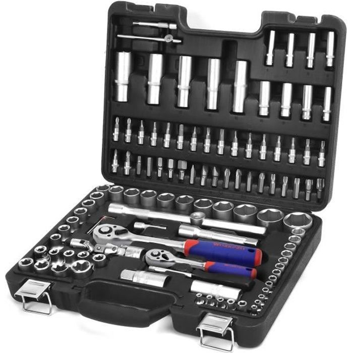 WORKPRO Coffret de Douilles Embouts et Clés à Cliquet 1-2-inch et 1-4-inch de Dégagement Rapide (108-pièce)