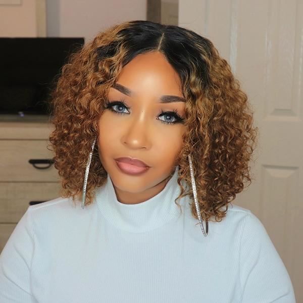 18 Pouces Perruque Brésilienne Naturelle Ombre Brown Cheveux Courts Curly 4x4 Perruque De Fermeture En Dentelle