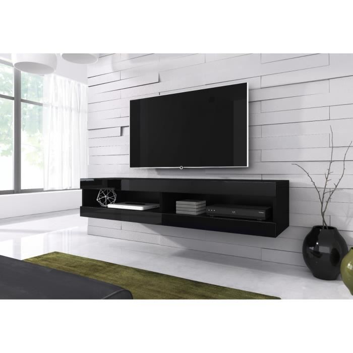 e-Com - Meuble TV flottant Volant - 150 cm - Mat Noir et Noir Brillant