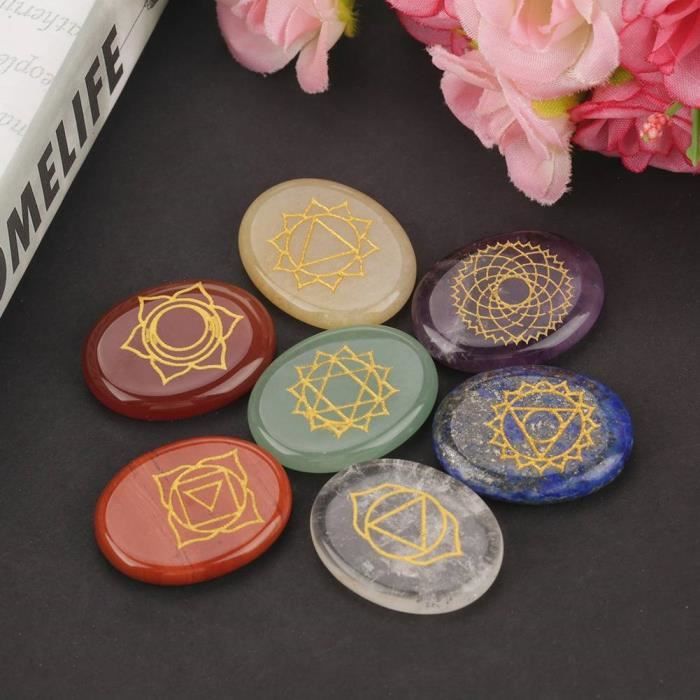 Kit de pierres de chakra, 7 pièces/ensemble gravé de pierres de palmier de méditation de guérison spirituelle cristal de