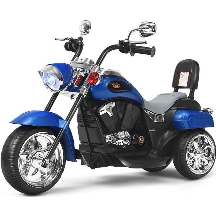 COSTWAY Moto Électrique 6V pour Enfants Scooter avec 3 Roues Effet Sonore et Lumineux, 3Km/h Max, 3 Ans + Style de Chopper Bleu