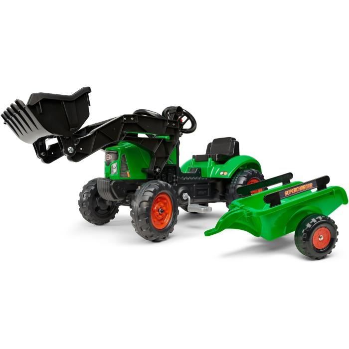 FALK - Tracteur à pédales Supercharger vert avec pelle avant, capot ouvrant et remorque inclus