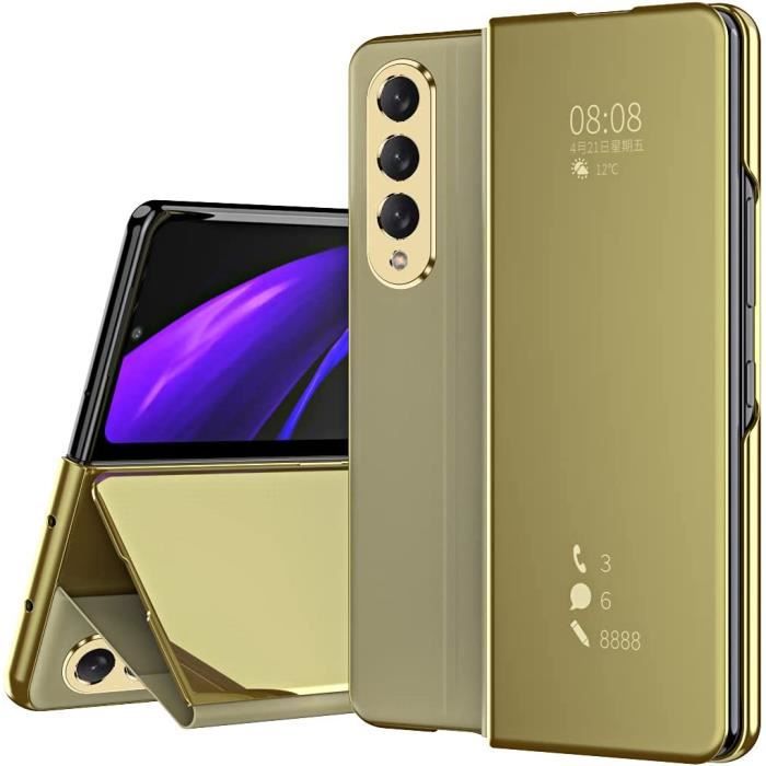 Coque Samsung Galaxy Z Fold 3 Luxe Clear View Miroir Mirror Makeup Fonction Debout Anti Rayures Samsung Galaxy Z Fold 3. d'or O