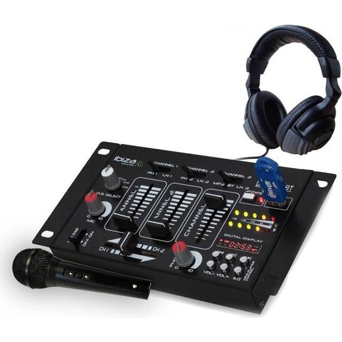 Table de mixage - Ibiza sound DJ21BT - 4 voies 7 entrées USB/Bluetooth - casque DJ - micro noir