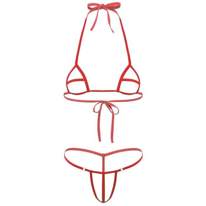 Micro String Sexy Femme Ficelle Mini Soutien-gorge Sein Nu Lingerie Ouverte Ensemble Coquine Rouge