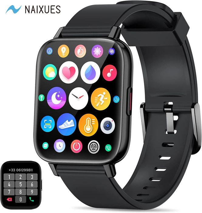 NAIXUES Montre Connectée Homme Femme avec Appel Bluetooth 1,7'' HD Sport Étanche/Lecteur de Musique/Fréquence Cardiaque/SpO2/Sommeil