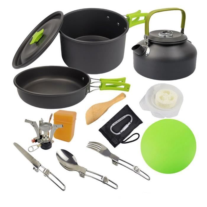 Ustensiles de cuisine Randonnée Pot Batterie de cuisine Kit de pique-nique pour antiadhésives léger BackpackingGreen
