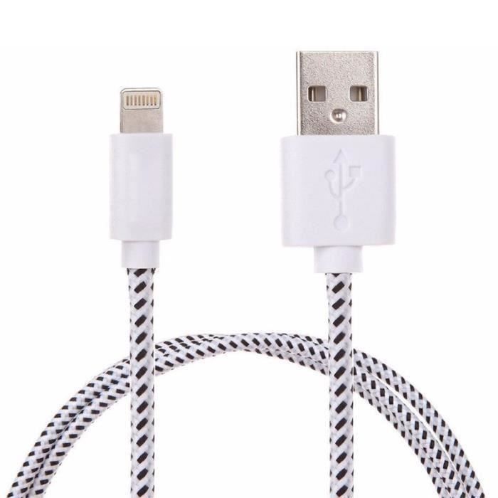 Cable Tressé pour IPAD Air 2 1m Chargeur Connecteur Lighting USB APPLE Tissu Tissé Lacet Fil Nylon (BLANC)