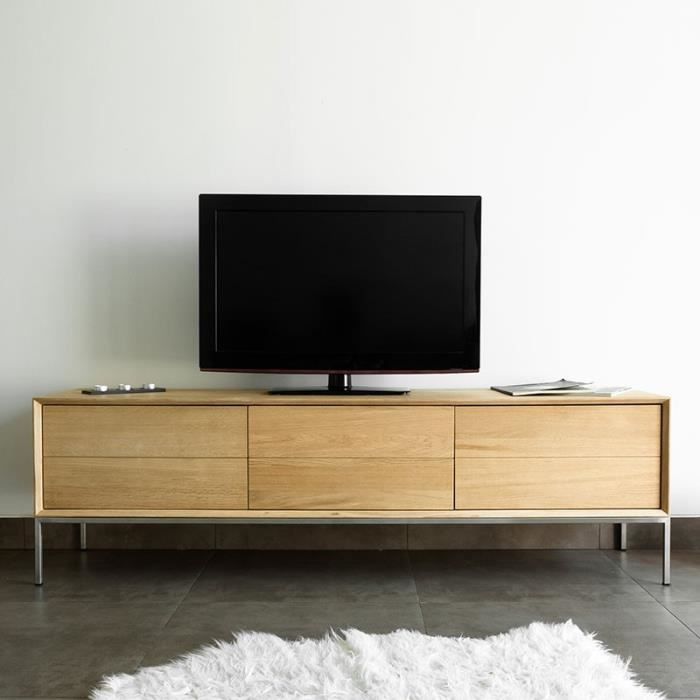 Meuble Tv 2 Tiroirs 1 Porte -kubico- Chêne Massif - Paris Prix