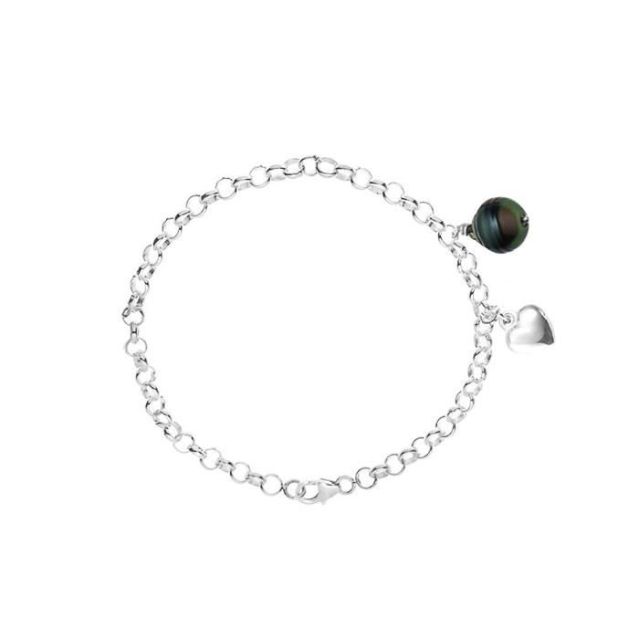 PERLINEA - Bracelet My Heart - Véritable Perle de Culture de Tahiti Baroque 9-10 mm - Argent 925 Millièmes - Bijoux Femme