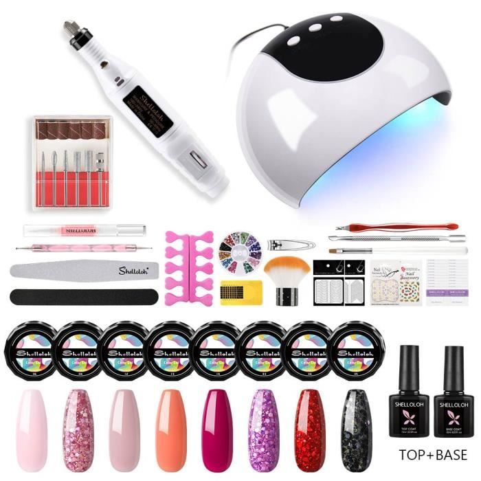 Shelloloh Kit 8 Pots UV Gel Couleur Ongle Art Vernis Semi Permanent UV Gel à Ongle 24W UV/LED Lampe Nail Paillettes Ensemble